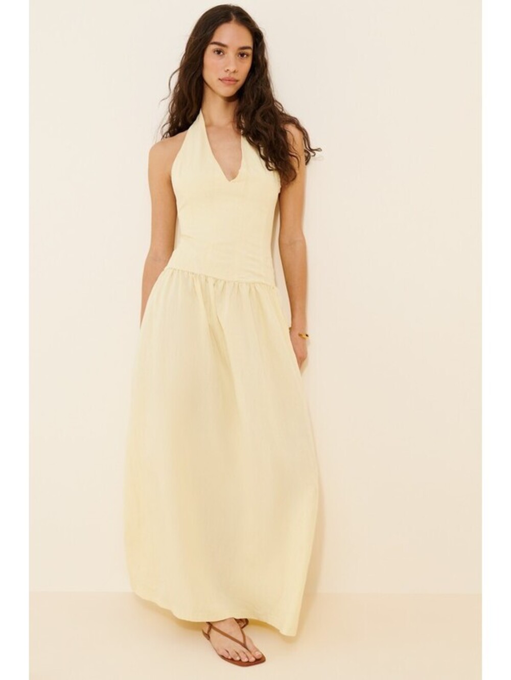 Anthropologie x Bayse - Yellow Halter Neck Maxi Dress with Back Tie, Size XS
